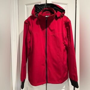 THE❤️JOEY Travel Coat ! Lots of Zip POCKETS ! Red Jacket w Hood, Lined in Black